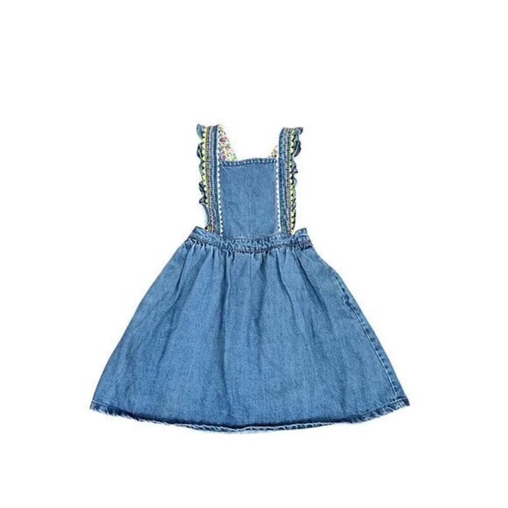 Denim Pinafore Dress With Embroidered Straps & Floral Lining